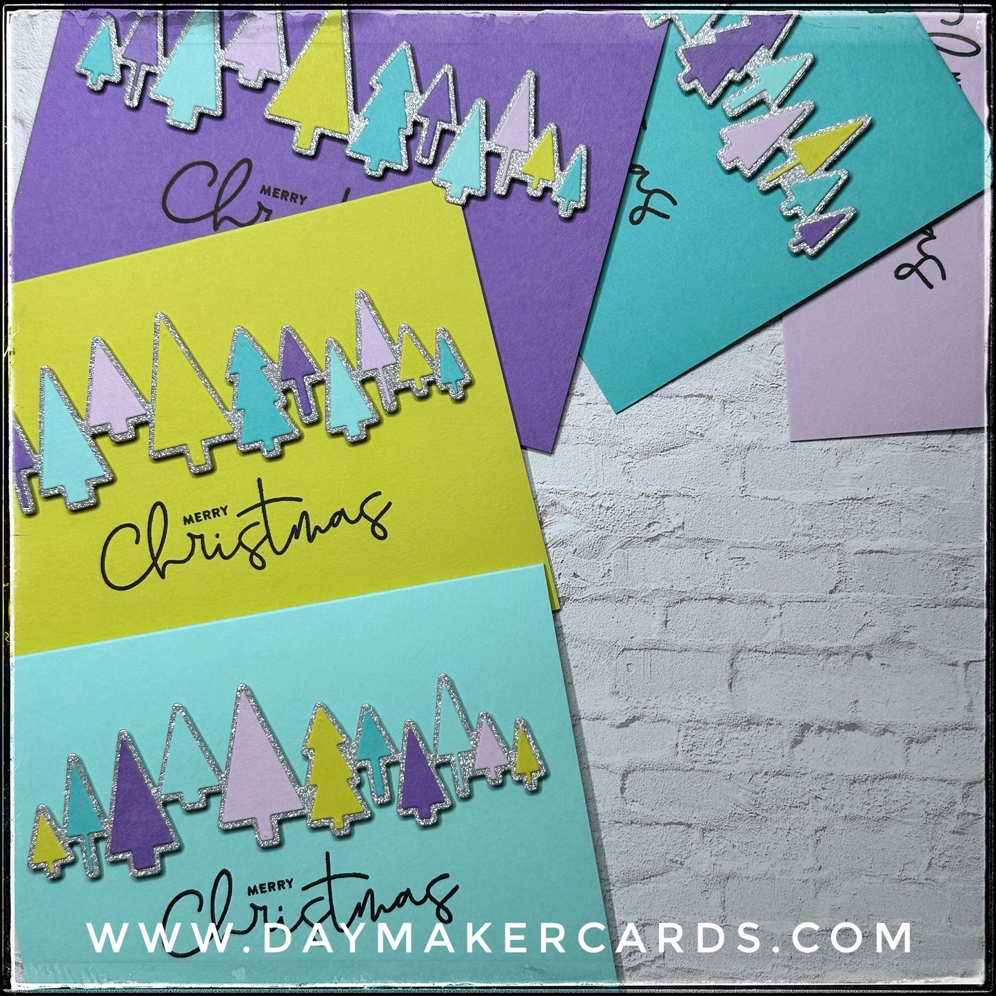 Set - Merry Christmas Glitter Trees Handmade Cards